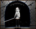  1girl bangs beret brick cardigan chromatic_aberration cracked_wall empty_eyes fangs greyscale hair_ornament hat hatyuuruinohito highres holding holding_sword holding_weapon horror_(theme) looking_at_viewer medium_hair monochrome nijisanji skirt suzuhara_lulu sword teeth tunnel virtual_youtuber weapon 