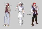  3boys alternate_costume bandana baseball_cap boots changye fate/grand_order fate_(series) full_body golf_club hat male_focus multicolored_hair multiple_boys multiple_persona odysseus_(fate) pirate red_hair standing streaked_hair sweater vest white_hair yellow_eyes 