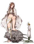  1boy 1girl absurdres bandages barefoot brother_and_sister brown_hair closed_eyes covered_eyes dark_souls_(series) dark_sun_gwyndolin giant giantess gloves helmet_over_eyes highres jewelry long_hair midriff navel queen_of_sunlight_gwynevere robe siblings size_difference snake timnehparrot veil wavy_hair white_veil 