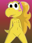  absurd_res anthro bottomless clothed clothing dreameclipsewolf female flat_chested genitals gradient_background hair hi_res koopa koopie_koo looking_at_viewer mario_bros navel navel_piercing nintendo nude open_mouth piercing ponytail pussy scalie simple_background solo tongue tongue_out topwear topwear_only video_games 