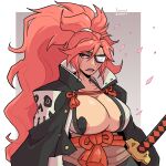 absurdres annoyed baiken breasts busty cape cherry_blossoms cloak eyepatch facepaint guilty_gear guilty_gear_strive highres katana large_breasts loggus_doggus nipple_slip nipples non-web_source one-eyed pasties pink_hair ponytail red_hair samurai self_upload simple_background sword weapon 