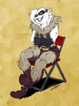  anthro badger bailey_rosworth belt_buckle beowulf_(skullgirls) chair clothing cosplay crossed_arms female footwear fur fur_clothing furniture hi_res looking_aside mammal muscular muscular_female mustelid musteline on_chair scottytheman shoes simple_background sitting sitting_on_chair skullgirls smug solo solo_focus suspenders video_games white_body white_fur wrestler yellow_eyes 