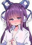  1girl azur_lane bangs blush bow collarbone collared_shirt commentary_request earmuffs eyebrows_visible_through_hair flat_chest hair_bow highres himiya_jouzu long_sleeves looking_at_viewer official_alternate_costume open_mouth purple_hair shirt sidelocks simple_background solo sweat tashkent_(azur_lane) tashkent_(the_blue_snoozer)_(azur_lane) translation_request unbuttoning upper_body wavy_mouth white_background white_shirt 