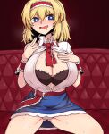  1girl alice_margatroid ascot black_bra blonde_hair blue_dress blue_eyes blue_skirt bra breasts cleavage couch dress formicid frilled_ascot frills hairband hand_on_own_chest heart heart-shaped_pupils highres hypnosis large_breasts lolita_hairband mind_control open_mouth panties pointing pointing_at_self puffy_short_sleeves puffy_sleeves red_hairband red_neckwear short_hair short_sleeves skirt solo spread_legs sweat symbol-shaped_pupils thighs touhou underwear white_panties 