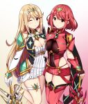  2girls absurdres armor blonde_hair blush breast_press breasts dress dual_persona duplicate gem gradient gradient_background hair_ornament headpiece highres jewelry large_breasts looking_at_viewer multiple_girls multiple_persona mythra_(xenoblade) one_eye_closed pixel-perfect_duplicate pyra_(xenoblade) red_eyes red_hair skindentation smile sword thigh_strap tiara weapon xenoblade_chronicles_(series) xenoblade_chronicles_2 xiao_qi yellow_eyes 