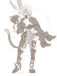  1boy 1girl absurdres alternate_costume alternate_universe animal_ears carrying cat_ears cat_tail claws couple crimson_sun final_fantasy final_fantasy_xiv final_fantasy_xv greyscale hand_on_another&#039;s_face happy high_heels highres lunafreya_nox_fleuret miqo&#039;te monochrome noctis_lucis_caelum official_alternate_costume pelvic_curtain ponytail princess_carry rabbit_ears tail tall_female viera 