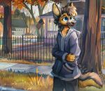  2022 4_fingers anthro autumn biped black_nose blue_clothing blue_eyes blue_hoodie blue_topwear bottomwear brown_body brown_fur building canid canine canis cheek_tuft claws clothed clothing day detailed_background digital_media_(artwork) domestic_dog door eyebrows facial_tuft fence finger_claws fingers flag fully_clothed fur german_shepherd glistening glistening_eyes grass hand_in_pocket head_tuft herding_dog hi_res holding_arm hoodie house jacato leaf male mammal multicolored_body multicolored_fur outside pants pastoral_dog plant pockets portrait prick_ears saber_(sabershep) sidewalk signature sky solo standing stars_and_stripes tall_grass tan_inner_ear three-quarter_portrait topwear tree tuft two_tone_tail united_states_of_america whisker_spots wind_chime window 