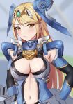  1girl alternate_costume armor blonde_hair blurry blurry_background blush breasts cleavage cosplay day elbow_gloves fiora_(xenoblade) fiora_(xenoblade)_(cosplay) gem gloves hair_ornament headpiece highres jewelry large_breasts long_hair looking_at_viewer mechanical_arms mechanical_wings mythra_(xenoblade) navel sky smile solo staring thrananaart tiara tsundere very_long_hair wings xenoblade_chronicles xenoblade_chronicles_(series) xenoblade_chronicles_2 yellow_eyes 