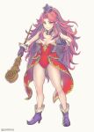  1girl angela_(seiken_densetsu_3) bare_shoulders breasts cleavage earrings english_commentary full_body gloves gofelem green_eyes hat high_heels highres holding holding_staff jewelry leotard long_hair looking_at_viewer medium_breasts pointy_ears purple_hair red_leotard seiken_densetsu seiken_densetsu_3 smile solo staff very_long_hair 