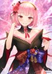  1girl absurdres bangs blush breasts choko_(cup) cleavage cup dvdarts fox_mask highres holding hololive japanese_clothes kimono looking_at_viewer mask mori_calliope off_shoulder official_alternate_costume pink_eyes pink_hair sash short_hair smile solo virtual_youtuber 