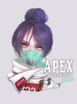  1girl apex_legends artist_name bangs black_hair copyright_name cropped_torso dated eyebrows_visible_through_hair grey_background grey_eyes hair_bun head_tilt highres hokuro56 jacket logo official_alternate_costume portrait quarantine_722_wraith solo white_jacket wraith_(apex_legends) 