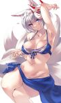  1girl absurdres alexi_oekaki animal_ears arm_up armpits azur_lane bangs bikini blue_bikini blue_eyes blush breasts cleavage collarbone commentary_request eyebrows_visible_through_hair fox_ears fox_girl fox_mask fox_tail highres kaga_(azur_lane) large_breasts looking_at_viewer mask mask_on_head multiple_tails navel short_hair silver_hair simple_background solo swimsuit tail thighs white_background 