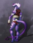  2022 absurd_res anthro arm_wraps butt clothed clothing eldiman feet full-length_portrait hair hi_res hoodie horn portrait pose purple_ears purple_tail red_clothing shadow soles solo topwear unknown_species wraps 