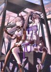  2girls asymmetrical_gloves back bangs bare_shoulders black_footwear black_gloves black_jacket black_legwear blue_eyes closed_mouth cloud cloudy_sky dusk gloves hair_ornament heterochromia highres honkai_(series) honkai_impact_3rd jacket kiana_kaslana kiana_kaslana_(void_drifter) long_hair long_sleeves mismatched_gloves multiple_girls outdoors ponytail purple_eyes purple_hair raiden_mei raiden_mei_(striker_fulminata) sheath shoes single_thighhigh sitting sky sneakers sylnice thighhighs twilight white_jacket yellow_eyes 