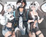  1boy 2girls :d absurdres animal_ears arknights aurora_(arknights) bangs bare_shoulders bear_ears black_choker black_gloves black_hair black_hairband black_jacket black_shirt black_shorts blue_eyes breasts bustier cabbie_hat chinese_commentary choker clenched_hand cliffheart_(arknights) collarbone commentary_request cowboy_shot crop_top cropped_jacket doctor_(arknights) eyebrows_visible_through_hair eyes_visible_through_hair gloves grey_eyes grey_shorts hair_over_one_eye hairband hand_up hat highres index_finger_raised jacket large_breasts leopard_ears leopard_tail long_sleeves looking_at_another midriff multiple_girls navel open_clothes open_jacket pouch shirt short_hair short_shorts shorts silver_hair sleeveless sleeveless_jacket smile stomach strapless tail thigh_strap thighs tube_top vehicle_interior white_headwear white_jacket white_shirt yubanwen 