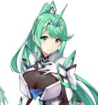  1girl armor bangs blush breast_press breasts chest_jewel dress earrings gem gloves greek_text green_eyes green_hair hair_ornament headpiece jewelry large_breasts long_hair looking_at_viewer mythra_(xenoblade) one_eye_closed pneuma_(xenoblade) ponytail pyra_(xenoblade) simple_background smile solo swept_bangs tiara upper_body very_long_hair white_background xenoblade_chronicles_(series) xenoblade_chronicles_2 xiao_qi 
