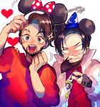  2boys apex_legends black_hair blush bow brown_hair clenched_hands crypto_(apex_legends) disney disneyland drone facial_hair gloves goatee hack_(apex_legends) heart hiding laughing mickey_mouse_ears minnie_mouse_ears mirage_(apex_legends) multiple_boys partially_fingerless_gloves pointing red_bow red_shirt repikinoko shirt smile sparkle white_background 