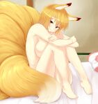  1girl animal_ears ass bad_feet bed bed_sheet breasts closed_mouth completely_nude covering covering_breasts fox_ears fox_tail head_tilt highres indoors kitsune knees_together_feet_apart knees_up large_breasts looking_at_viewer mirukuro092 multiple_tails no_hat no_headwear nude pillow sideboob sitting smile solo tail thighs touhou yakumo_ran yellow_eyes yes-no_pillow 