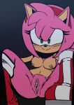  absurd_res accessory amy_rose anthro areola bent_legs blush bodily_fluids boots boots_only breasts clitoral_hood clitoris clothing eulipotyphlan female footwear footwear_only fur genitals green_eyes headband hedgehog hi_res kinkybird mammal mostly_nude nipples pink_body pink_fur pussy sega simple_background sitting smile solo sonic_the_hedgehog_(series) spread_legs spreading sweat tan_body tan_fur 