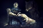  2girls armor blonde_hair braid covered_face dark_souls_(series) dark_souls_i dress dusk_of_oolacille great_grey_wolf_sif grey_fur holding long_hair lord&#039;s_blade_ciaran mask multiple_girls third-party_source wolf 