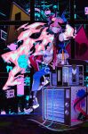  1girl absurdres bangs bare_shoulders black_footwear black_gloves blue_eyes closed_mouth cyberpunk full_body gloves highres honkai_(series) honkai_impact_3rd horns long_hair long_sleeves looking_at_viewer lulu_(15183338668) neon_lights paint_splatter pink_hair rozaliya_olenyeva rozaliya_olenyeva_(fervent_tempo) shirt shoes sitting sneakers solo tail television white_shirt 