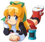  1girl blonde_hair blue_eyes blush can closed_mouth dress energy_tank full_body green_ribbon hair_ribbon ki_(adotadot) long_hair looking_at_viewer mega_man_(classic) mega_man_(series) ponytail red_dress red_skirt ribbon roll_(mega_man) simple_background skirt smile soda_can solo white_background 