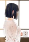  1girl artist_name black_hair bob_cut breasts cup from_behind holding holding_cup looking_to_the_side mattaku_mousuke mug original profile see-through shirt short_hair solo sunlight upper_body watermark window 