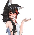  1girl :d animal_ear_fluff animal_ears bangs black_hair blush brown_eyes commentary_request daichi_(daichi_catcat) eyebrows_visible_through_hair from_side hair_between_eyes hand_on_own_chest hands_up highres hololive long_hair multicolored_hair naked_towel ookami_mio red_hair simple_background smile solo streaked_hair towel upper_body virtual_youtuber wet white_background wolf_ears 