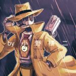  1boy apex_legends artist_name fake_facial_hair fake_mustache fedora hand_in_pocket hand_on_headwear hat humanoid_robot jacket looking_at_viewer memoir_noir_pathfinder official_alternate_costume one-eyed orange_eyes pathfinder_(apex_legends) rain solo upper_body xiaoye_ju_er yellow_headwear yellow_jacket 