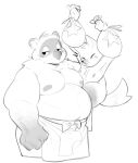  2022 animal_crossing anthro apron belly blush canid canine clothing crazy_redd duo fox hi_res humanoid_hands male mammal massivetitty money_bag monochrome moobs nintendo nipples overweight overweight_male raccoon_dog simple_background tanuki tom_nook_(animal_crossing) video_games white_background 