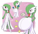  absurd_res anthro clothing dress eating egg female gardevoir green_hair hair hi_res hyper hyper_pregnancy nintendo pok&eacute;mon pok&eacute;mon_(species) pregnant progression solo standing text thenypod4 video_games white_body white_skin 