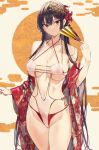  1girl bangs bare_shoulders beige_background bikini black_hair breasts closed_mouth collarbone cowboy_shot floral_print flower folding_fan groin hair_flower hair_ornament haitekudasai_takamine-san hand_fan hand_up highres hiiragi_yuuichi holding holding_fan japanese_clothes kimono large_breasts long_hair looking_at_viewer one-piece_swimsuit open_clothes open_kimono red_bikini red_eyes red_flower red_kimono skindentation solo swimsuit takamine_takane thighs underboob very_long_hair white_flower wide_sleeves 