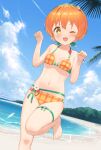  1girl beach bikini blue_sky breasts cloud commentary_request curled_fingers day eichisu highres hoshizora_rin love_live! love_live!_school_idol_project one_eye_closed orange_bikini orange_hair outdoors paw_pose short_hair sky small_breasts solo standing standing_on_one_leg swimsuit yellow_eyes 