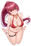  1girl absurdres bangs barefoot bikini blush breasts cleavage earrings eyebrows_visible_through_hair heterochromia highres hololive houshou_marine jewelry large_breasts long_hair looking_at_viewer navel p-nekoe ponytail red_eyes red_hair sitting soles solo swimsuit very_long_hair virtual_youtuber wariza yellow_eyes 