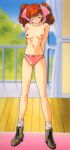  1990s_(style) 1girl arms_behind_back asahina_yurina bangs blush boots bow bow_panties breasts closed_eyes day full_body long_hair medium_breasts navel nipples non-web_source official_art panties pink_panties red_hair retro_artstyle solo standing super_real_mahjong tanaka_ryou topless twintails underwear 