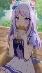  1girl absurdres az30317481 bread_slice eating food foodgasm highres holding holding_food horse_girl long_hair mejiro_mcqueen_(umamusume) paku_paku_desuwa shaking solo umamusume 