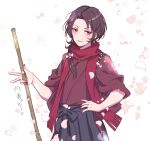  1boy black_hair broom earrings holding holding_broom japanese_clothes jewelry kashuu_kiyomitsu male_focus mole mole_under_mouth parted_lips petals red_eyes red_scarf scarf simple_background solo tasuki touken_ranbu upper_body v white_background yoruhachi 
