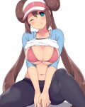  1girl amane_hasuhito bangs blush breasts cleavage collarbone commentary hair_between_eyes looking_at_viewer navel pokemon pokemon_(game) pokemon_bw2 rosa_(pokemon) shadow sidelocks simple_background sitting smile stomach underboob upper_body white_background 