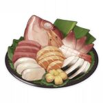  artist_request commentary english_commentary fish fish_(food) food food_focus genshin_impact leaf lowres muted_color no_humans official_art plate sashimi shrimp still_life third-party_source transparent_background 