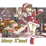  1girl ;d bangs binoculars boots bottle brown_eyes brown_hair cake candle chair champagne_flute christmas commentary_request couch cup cyrillic dress drinking_glass fireplace food fur-trimmed_dress fur_trim gift hat headgear heart heart_hands indoors kantai_collection leg_up long_sleeves looking_at_viewer merry_christmas one_eye_closed open_mouth panties pantyshot partial_commentary red_dress red_footwear red_headwear rigging russian_text santa_boots santa_dress santa_hat short_dress short_hair smile solo standing standing_on_one_leg star_ornament table tewarusa torpedo_tubes translation_request turkey_(food) underwear white_panties window yukikaze_(kancolle) 