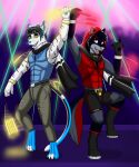  anthro canid canine canis dancing dregna duo felid hi_res leopard male mammal muscular pantherine rave wolf 