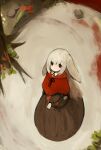  1girl albino animal animal_ears bangs basket black_skirt bunny commentary eyebrows_visible_through_hair flower grass highres holding holding_basket long_hair looking_at_viewer original outdoors rabbit_ears rabbit_girl red_eyes red_hood revision rose shirokujira skirt solo white_fur white_hair 