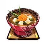  &quot;warmth&quot;_(genshin_impact) artist_request bowl carrot commentary english_commentary food food_focus genshin_impact lowres miso_soup no_humans official_art plate seaweed soup still_life third-party_source tofu transparent_background 