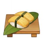  artist_request commentary cutting_board english_commentary food food_focus genshin_impact leaf lowres no_humans official_art omelet rice still_life sushi tamagoyaki third-party_source transparent_background 