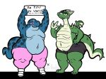  2019 2_horns anthro belly belly_overhang big_belly big_tail blue_body blue_skin bottomwear breasts chubby_anthro chubby_belly chubby_female circle_eyebrows clothed clothing colored devil_horns_(gesture) digital_drawing_(artwork) digital_media_(artwork) dragon duo english_text eyebrows facial_piercing fat_rolls female flat_colors footwear gabby_(wittless-pilgrim) gecko gesture green_body green_scales green_skin hi_res horn legwear lizard love_handles megan_(delicate-caramels) multicolored_body multicolored_skin navel nose_piercing nose_ring open_mouth overweight overweight_anthro overweight_female pants piercing pink_eyes pudgy_belly reptile scales scalie septum_piercing shoes sign signature simple_background small_wings smile soft_belly spiked_tail spikes spikes_(anatomy) spots teeth text thick_thighs tight_clothing tights topless topless_anthro topless_female wide_hips wings wittless-pilgrim 