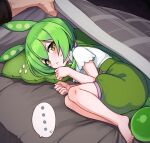  ... 1boy 1girl animal_ears barefoot blanket blush closed_mouth flying_sweatdrops green_hair green_shorts looking_at_viewer lying null_(nyanpyoun) on_side pillow pov pov_hands shirt short_sleeves shorts solo_focus spoken_ellipsis suspender_shorts suspenders voiceroid white_shirt yellow_eyes zundamon 