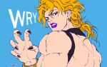  1boy bare_shoulders black_nails blonde_hair claw_pose dio_brando earrings fangs from_behind halftone jewelry jojo_no_kimyou_na_bouken looking_at_viewer looking_back muscular muscular_male musubi_(livnehe) purple_lips red_eyes solo stardust_crusaders vampire 