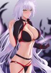 1girl absurdres ahoge bangs bikini black_bikini black_choker black_gloves black_jacket blush breasts choker cleavage collarbone cropped_jacket fate/grand_order fate_(series) freed_turing gloves highres jacket jeanne_d&#039;arc_(alter_swimsuit_berserker)_(fate) jeanne_d&#039;arc_(fate) large_breasts long_hair long_sleeves looking_at_viewer o-ring o-ring_bikini shrug_(clothing) silver_hair smile solo swimsuit thighs very_long_hair yellow_eyes 