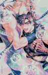  2boys absurdres amuii bare_shoulders battle_tendency biceps bubble caesar_anthonio_zeppeli crop_top facial_mark feather_hair_ornament feathers fingerless_gloves gloves hair_ornament headband highres jojo_no_kimyou_na_bouken joseph_joestar joseph_joestar_(young) male_focus midriff multiple_boys muted_color triangle_print 