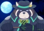  2022 anthro banbanwakaba biped brown_body canid canine clothing hat headgear headwear hi_res humanoid_hands kemono lifewonders live-a-hero mammal moon necktie night outside overweight raccoon_dog shirt shoen solo tanuki topwear umbrella video_games 